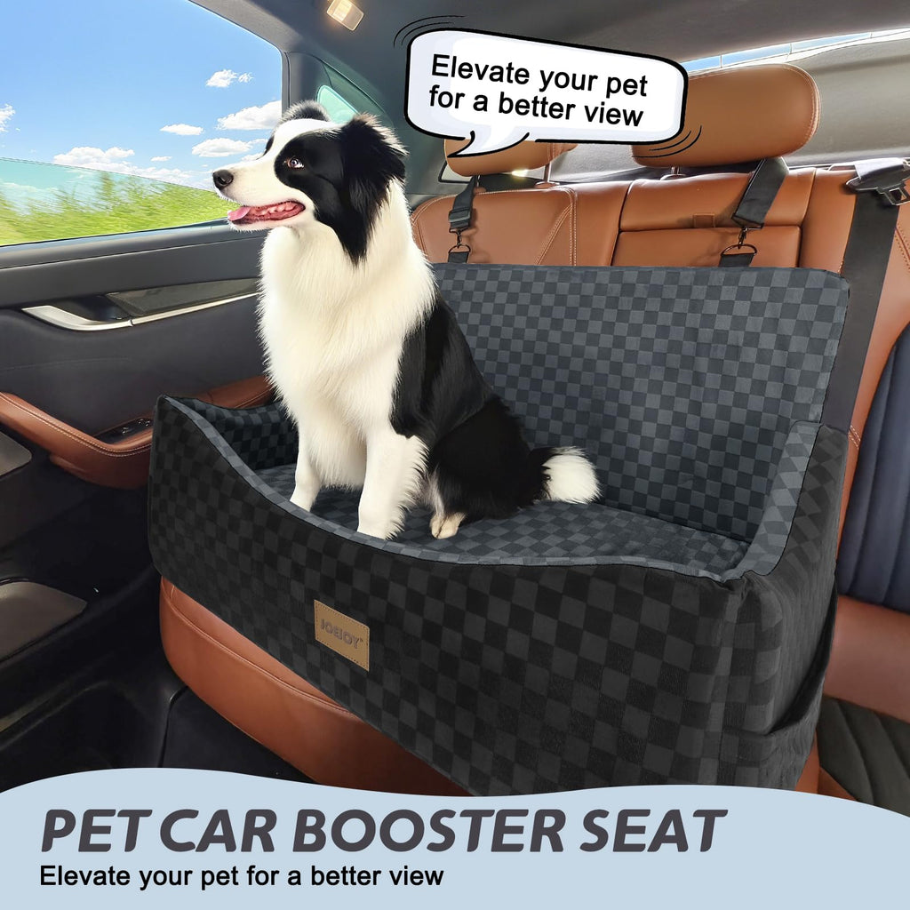JOEJOY Elevated Dog Car Seat for Small/Medium Dogs up to 35 lbs, Memory Foam Booster Seat with Detachable Washable Cover, Travel-Safe Car Bed with Safety Belts & Storage Pockets, Grey