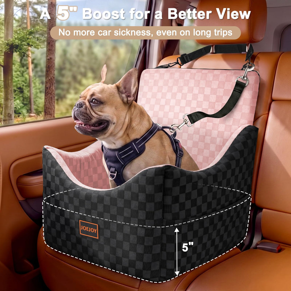 JOEJOY Elevated Dog Car Seat for Small/Medium Dogs up to 35 lbs, Memory Foam Booster Seat with Detachable Washable Cover, Travel-Safe Car Bed with Safety Belts & Storage Pockets, Grey