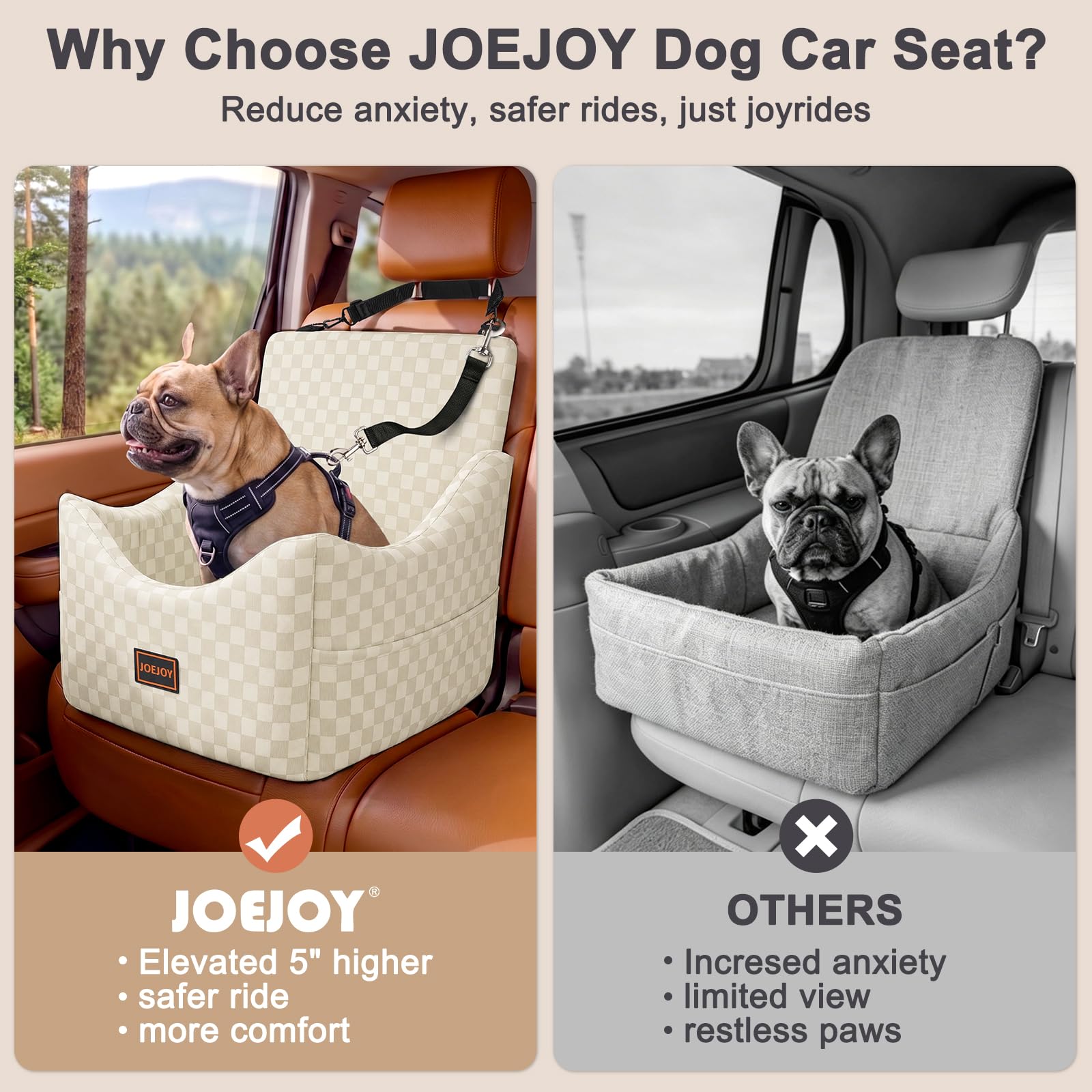 JOEJOY Elevated Dog Car Seat for Small/Medium Dogs up to 35 lbs, Memory Foam Booster Seat with Detachable Washable Cover, Travel-Safe Car Bed with Safety Belts & Storage Pockets, Grey
