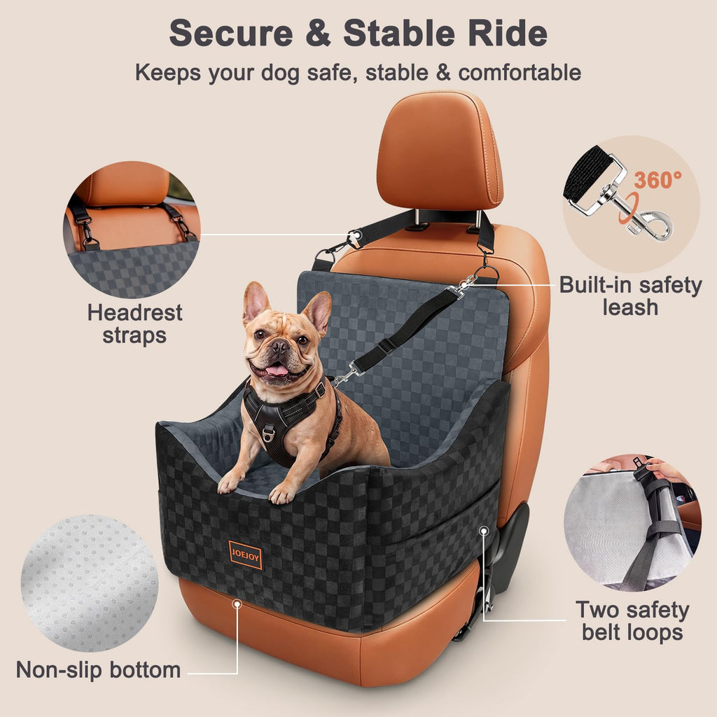 JOEJOY Elevated Dog Car Seat for Small/Medium Dogs up to 35 lbs, Memory Foam Booster Seat with Detachable Washable Cover, Travel-Safe Car Bed with Safety Belts & Storage Pockets, Grey