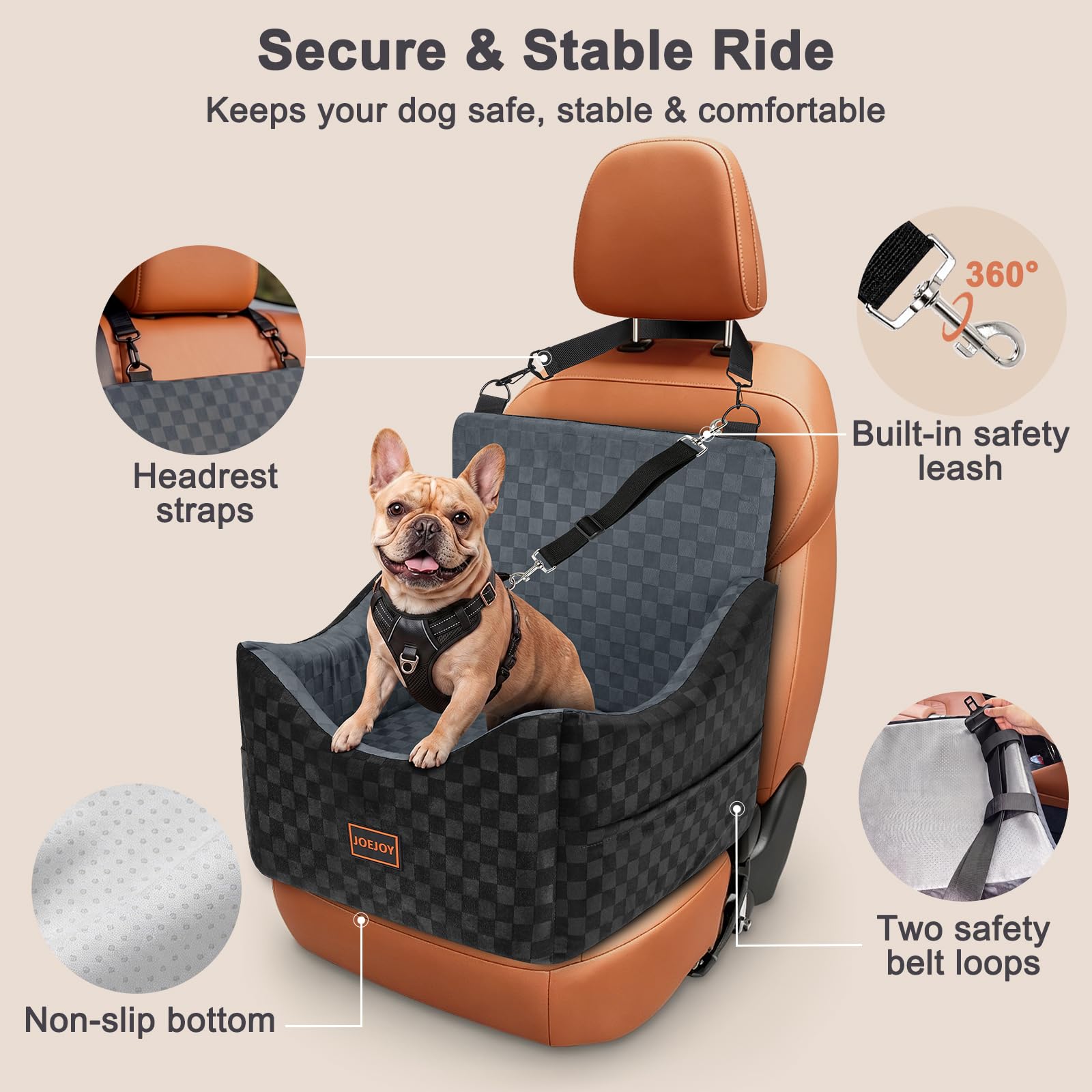 JOEJOY Elevated Dog Car Seat for Small/Medium Dogs up to 35 lbs, Memory Foam Booster Seat with Detachable Washable Cover, Travel-Safe Car Bed with Safety Belts & Storage Pockets, Grey