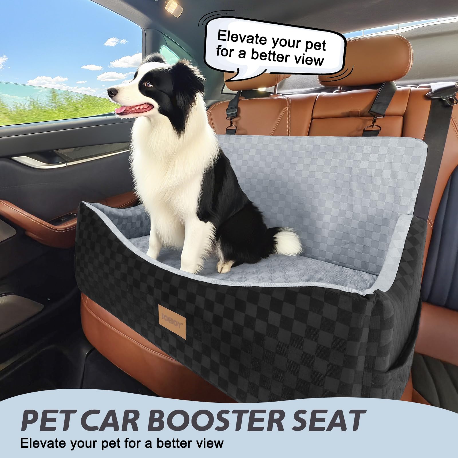 JOEJOY Elevated Dog Car Seat for Small/Medium Dogs up to 35 lbs, Memory Foam Booster Seat with Detachable Washable Cover, Travel-Safe Car Bed with Safety Belts & Storage Pockets, Grey