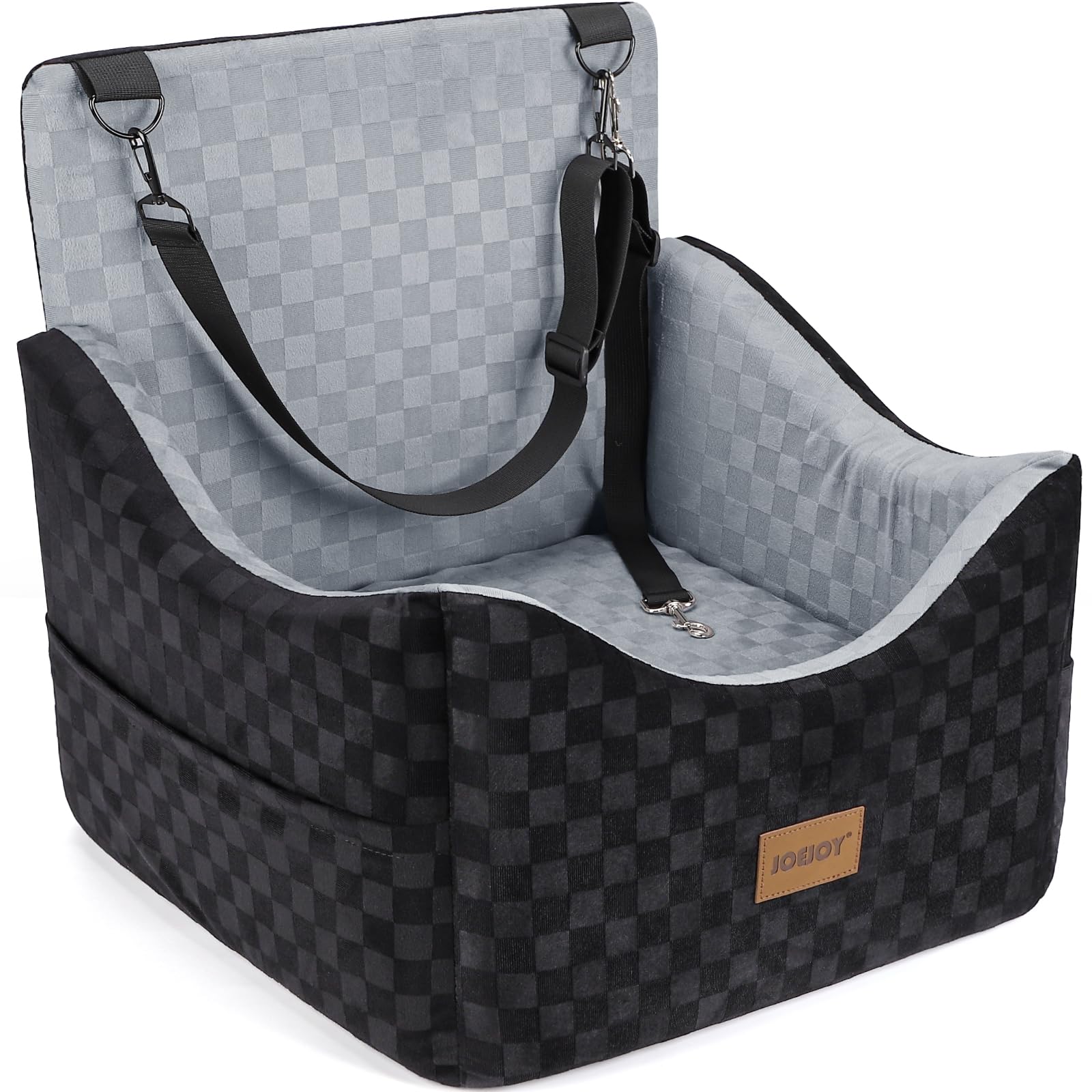 JOEJOY Elevated Dog Car Seat for Small/Medium Dogs up to 35 lbs, Memory Foam Booster Seat with Detachable Washable Cover, Travel-Safe Car Bed with Safety Belts & Storage Pockets, Grey