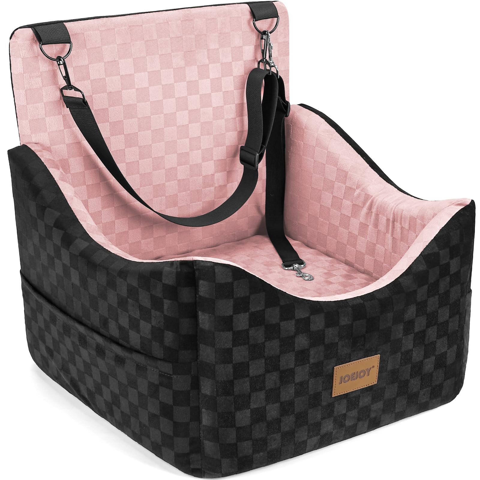 JOEJOY Elevated Dog Car Seat for Small/Medium Dogs up to 35 lbs, Memory Foam Booster Seat with Detachable Washable Cover, Travel-Safe Car Bed with Safety Belts & Storage Pockets, Grey