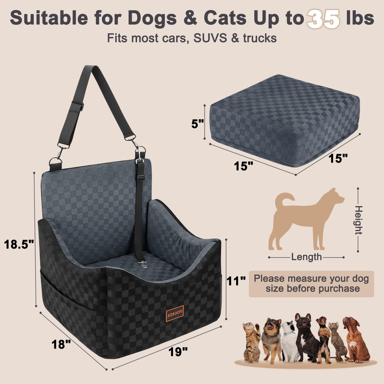 JOEJOY Elevated Dog Car Seat for Small/Medium Dogs up to 35 lbs, Memory Foam Booster Seat with Detachable Washable Cover, Travel-Safe Car Bed with Safety Belts & Storage Pockets, Grey