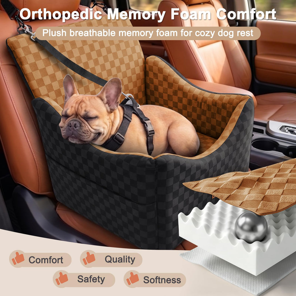 JOEJOY Elevated Dog Car Seat for Small/Medium Dogs up to 35 lbs, Memory Foam Booster Seat with Detachable Washable Cover, Travel-Safe Car Bed with Safety Belts & Storage Pockets, Grey