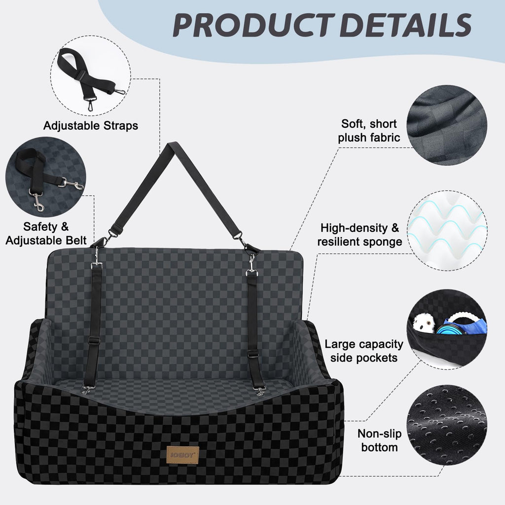 JOEJOY Elevated Dog Car Seat for Small/Medium Dogs up to 35 lbs, Memory Foam Booster Seat with Detachable Washable Cover, Travel-Safe Car Bed with Safety Belts & Storage Pockets, Grey