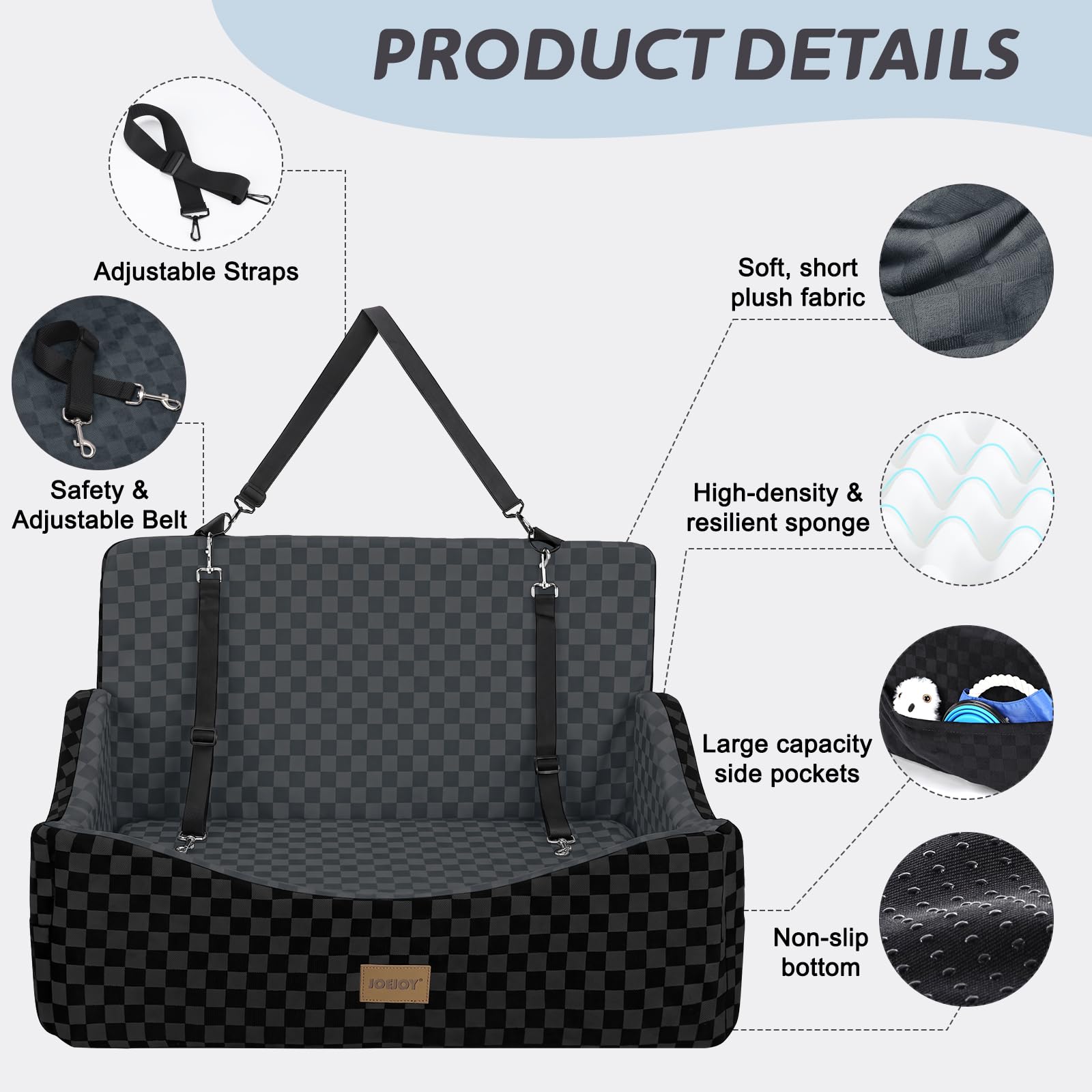 JOEJOY Elevated Dog Car Seat for Small/Medium Dogs up to 35 lbs, Memory Foam Booster Seat with Detachable Washable Cover, Travel-Safe Car Bed with Safety Belts & Storage Pockets, Grey