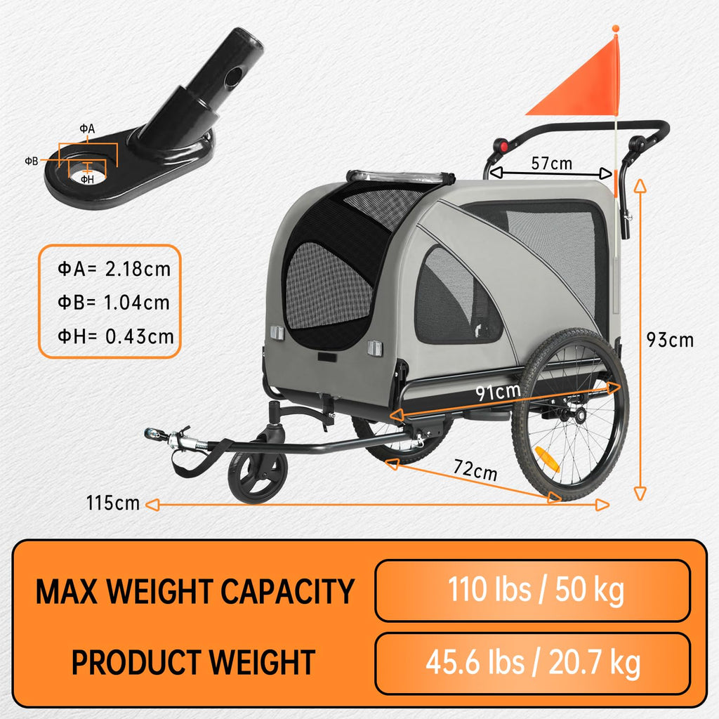 Sepnine Dog Bike Trailer, Supports up to 110 lbs, 2-in-1 Pet Stroller Cart Bicycle Carrier, Easy Folding Cart Frame with Quick Release Wheels, Universal Bicycle Coupler, Non-Slip Floor, Internal Leash