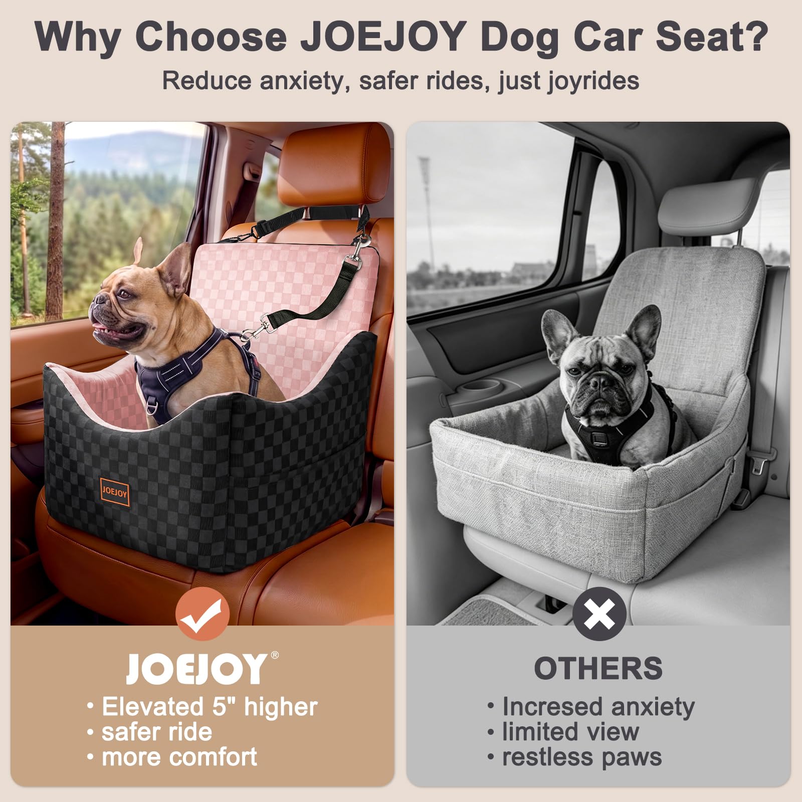 JOEJOY Elevated Dog Car Seat for Small/Medium Dogs up to 35 lbs, Memory Foam Booster Seat with Detachable Washable Cover, Travel-Safe Car Bed with Safety Belts & Storage Pockets, Grey