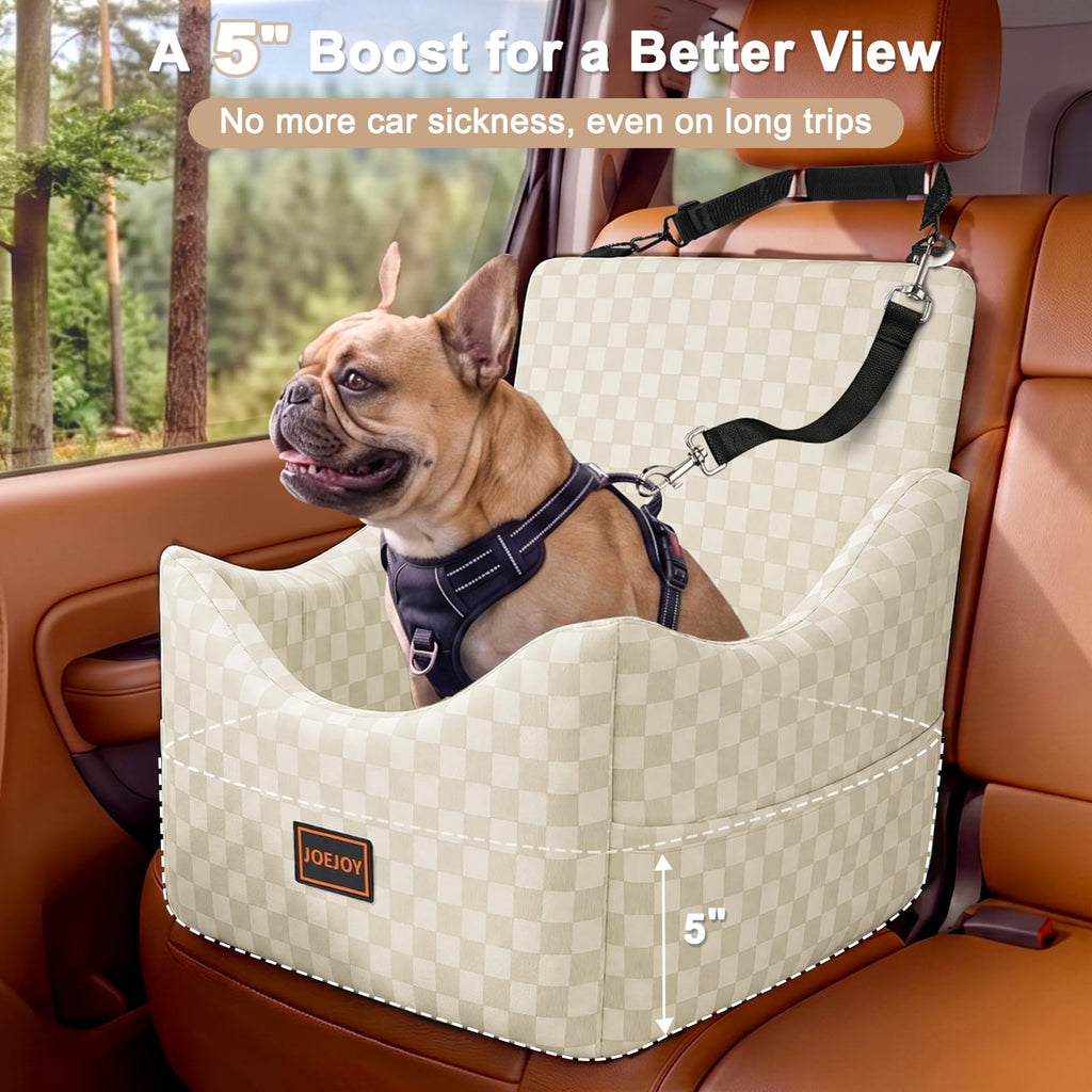 JOEJOY Elevated Dog Car Seat for Small/Medium Dogs up to 35 lbs, Memory Foam Booster Seat with Detachable Washable Cover, Travel-Safe Car Bed with Safety Belts & Storage Pockets, Grey