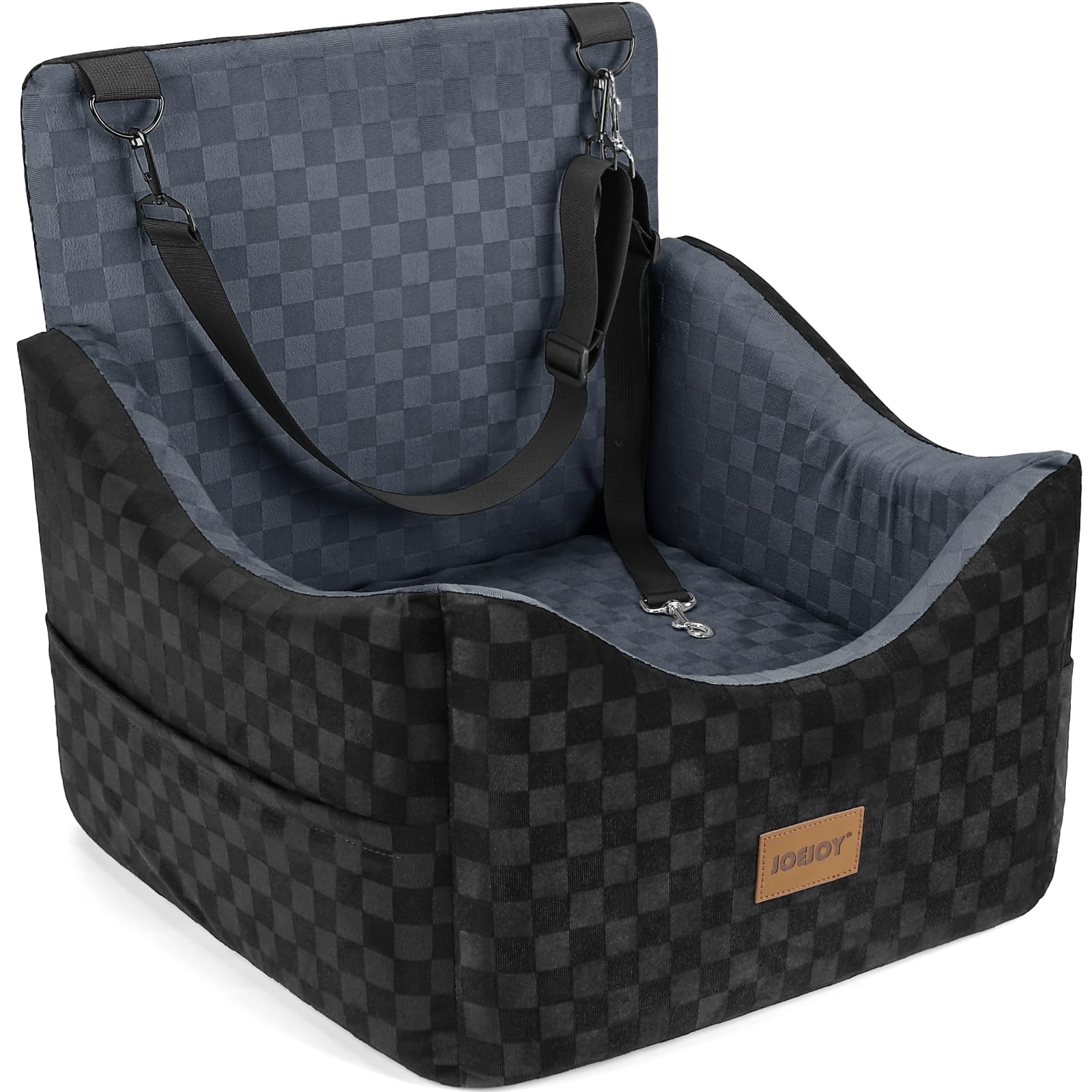 JOEJOY Elevated Dog Car Seat for Small/Medium Dogs up to 35 lbs, Memory Foam Booster Seat with Detachable Washable Cover, Travel-Safe Car Bed with Safety Belts & Storage Pockets, Grey