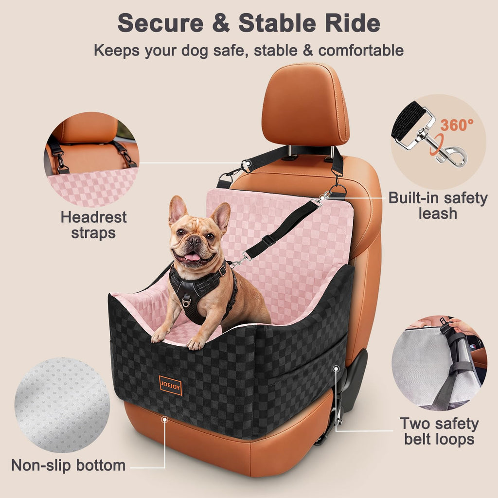 JOEJOY Elevated Dog Car Seat for Small/Medium Dogs up to 35 lbs, Memory Foam Booster Seat with Detachable Washable Cover, Travel-Safe Car Bed with Safety Belts & Storage Pockets, Grey