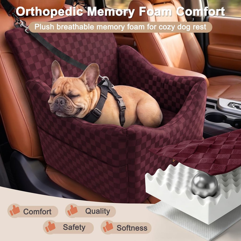 JOEJOY Elevated Dog Car Seat for Small/Medium Dogs up to 35 lbs, Memory Foam Booster Seat with Detachable Washable Cover, Travel-Safe Car Bed with Safety Belts & Storage Pockets, Grey