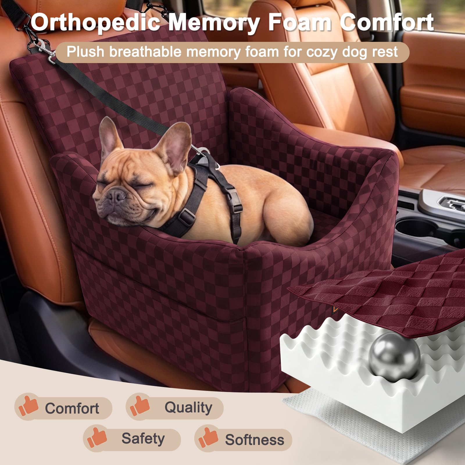 JOEJOY Elevated Dog Car Seat for Small/Medium Dogs up to 35 lbs, Memory Foam Booster Seat with Detachable Washable Cover, Travel-Safe Car Bed with Safety Belts & Storage Pockets, Grey