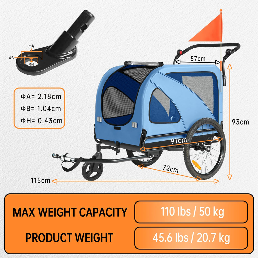 Sepnine Dog Bike Trailer, Supports up to 110 lbs, 2-in-1 Pet Stroller Cart Bicycle Carrier, Easy Folding Cart Frame with Quick Release Wheels, Universal Bicycle Coupler, Non-Slip Floor, Internal Leash