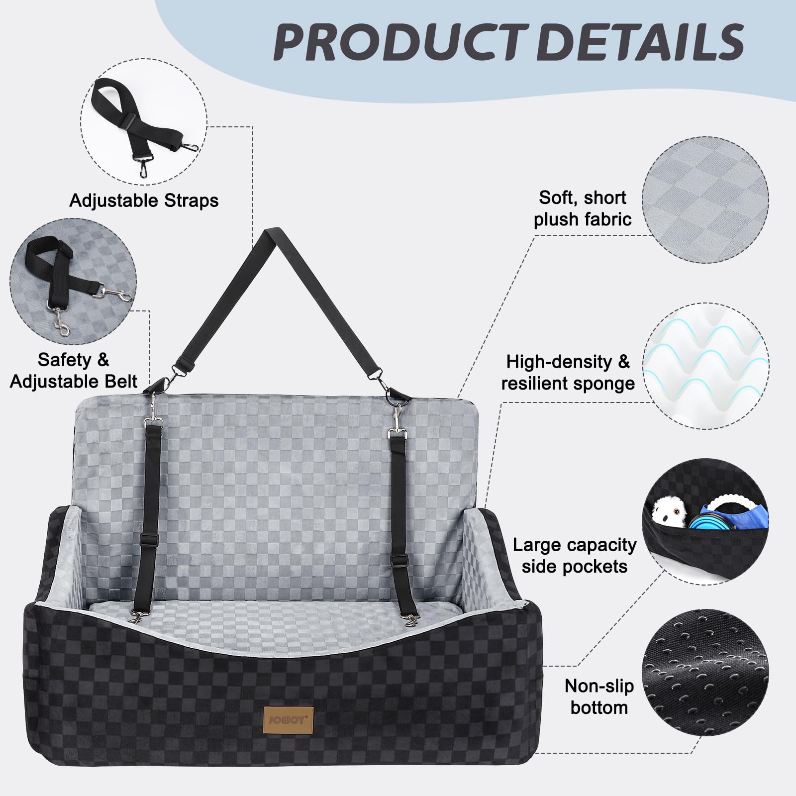 JOEJOY Elevated Dog Car Seat for Small/Medium Dogs up to 35 lbs, Memory Foam Booster Seat with Detachable Washable Cover, Travel-Safe Car Bed with Safety Belts & Storage Pockets, Grey