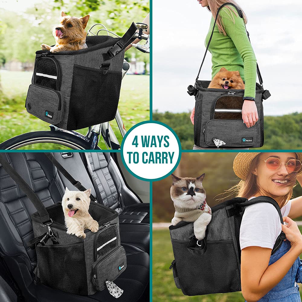 PetAmi Dog Bike Basket, Soft-Sided Ventilated Dog Bike Carrier Backpack, Pet Bicycle Basket for Bike Handlebar, Small Medium Puppy Cat Kitten Car Booster Seat with Safety Strap, Max 18 lbs, Purple