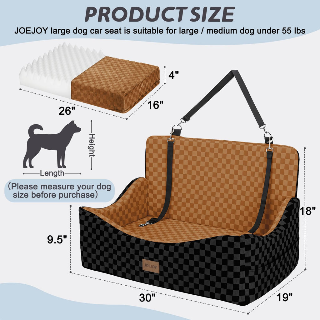 JOEJOY Elevated Dog Car Seat for Small/Medium Dogs up to 35 lbs, Memory Foam Booster Seat with Detachable Washable Cover, Travel-Safe Car Bed with Safety Belts & Storage Pockets, Grey