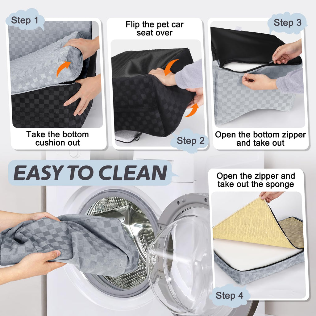 JOEJOY Elevated Dog Car Seat for Small/Medium Dogs up to 35 lbs, Memory Foam Booster Seat with Detachable Washable Cover, Travel-Safe Car Bed with Safety Belts & Storage Pockets, Grey