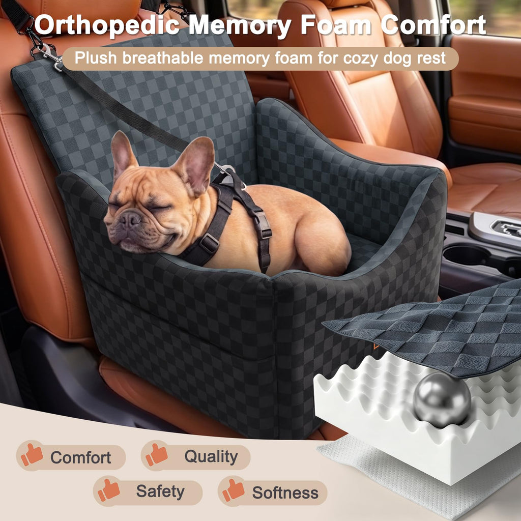 JOEJOY Elevated Dog Car Seat for Small/Medium Dogs up to 35 lbs, Memory Foam Booster Seat with Detachable Washable Cover, Travel-Safe Car Bed with Safety Belts & Storage Pockets, Grey