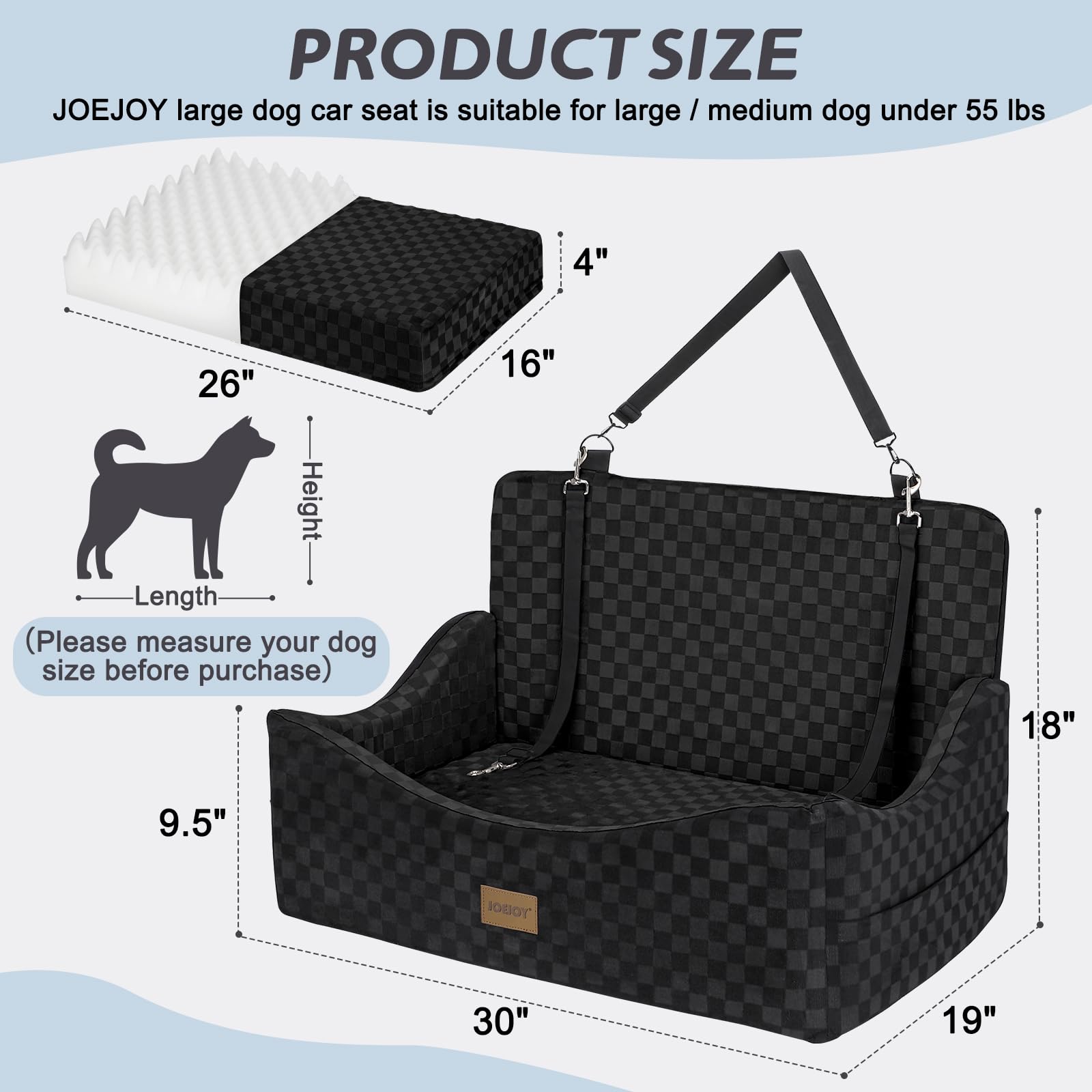 JOEJOY Elevated Dog Car Seat for Small/Medium Dogs up to 35 lbs, Memory Foam Booster Seat with Detachable Washable Cover, Travel-Safe Car Bed with Safety Belts & Storage Pockets, Grey
