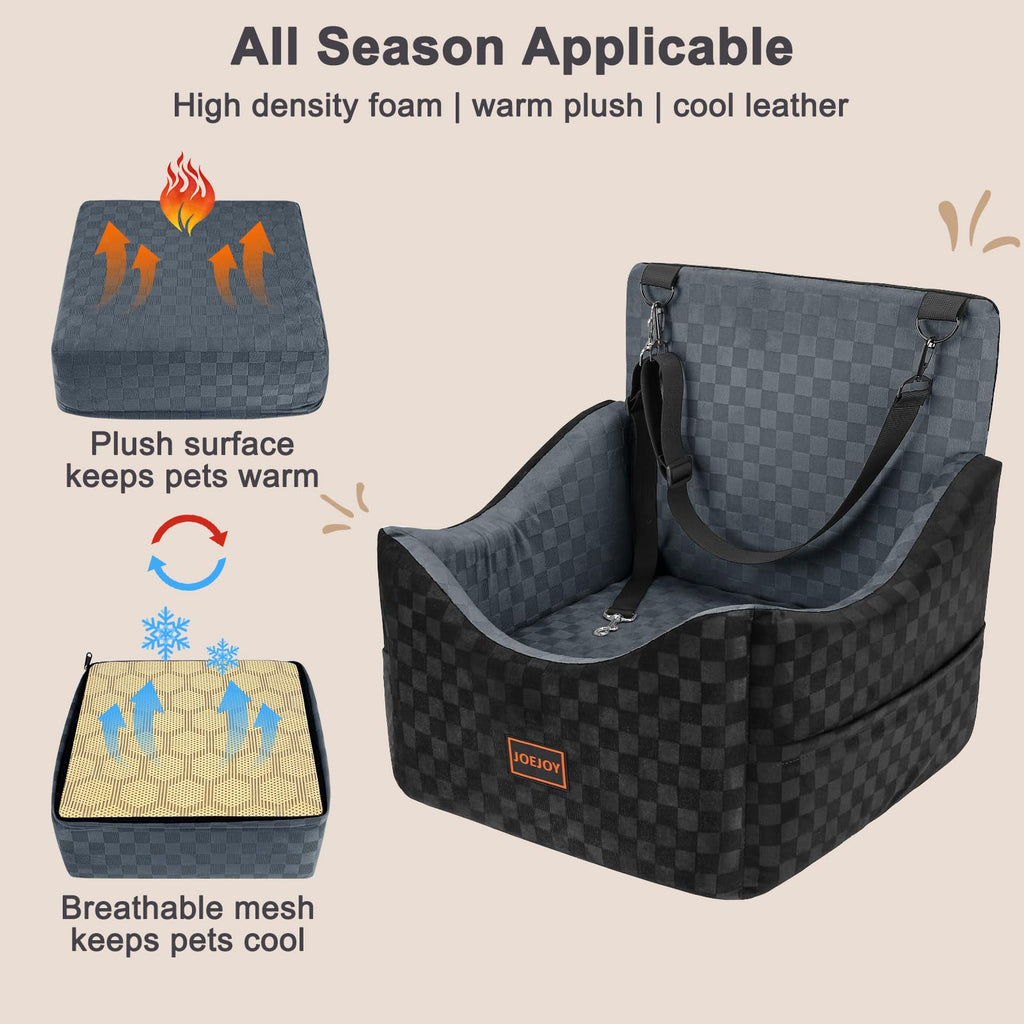 JOEJOY Elevated Dog Car Seat for Small/Medium Dogs up to 35 lbs, Memory Foam Booster Seat with Detachable Washable Cover, Travel-Safe Car Bed with Safety Belts & Storage Pockets, Grey