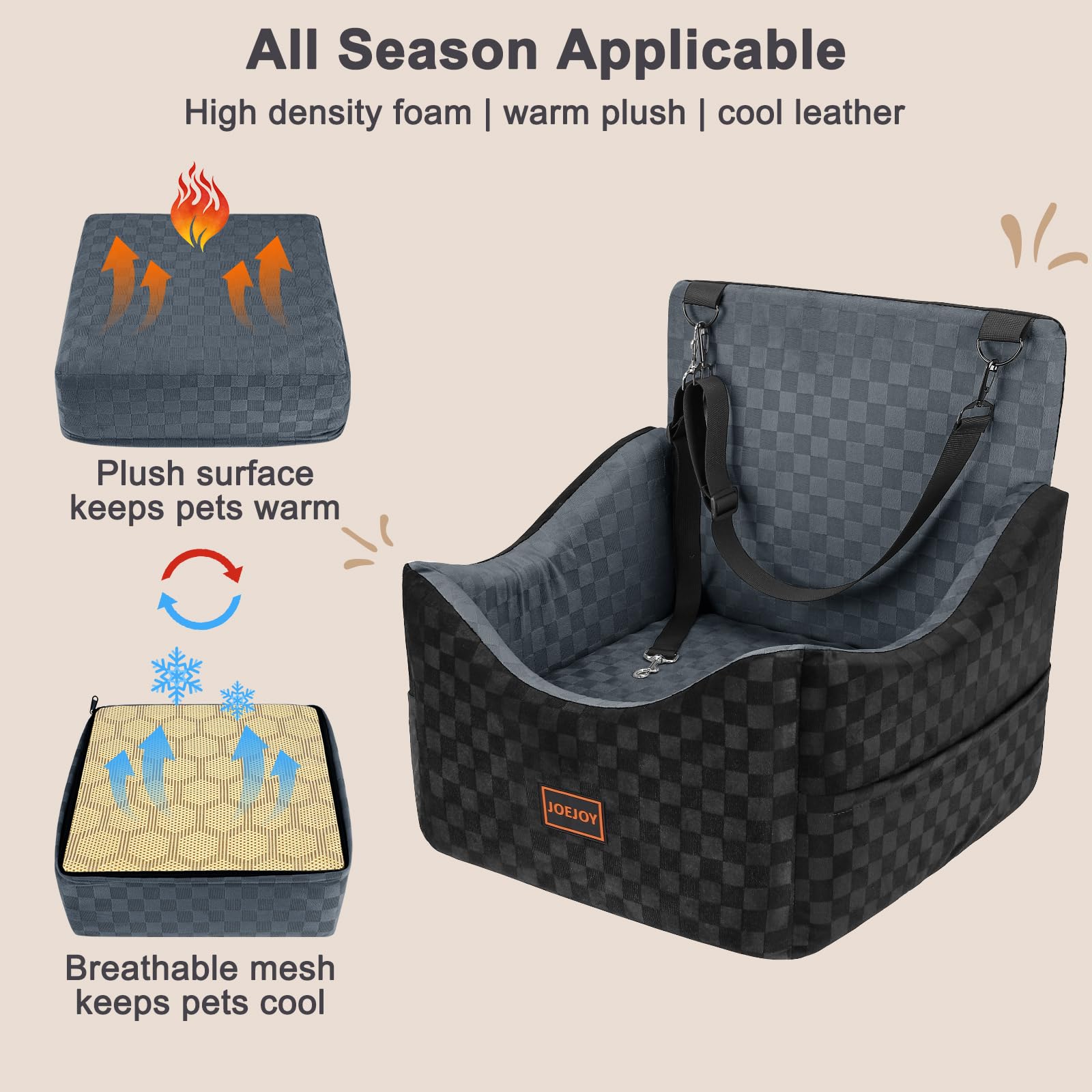 JOEJOY Elevated Dog Car Seat for Small/Medium Dogs up to 35 lbs, Memory Foam Booster Seat with Detachable Washable Cover, Travel-Safe Car Bed with Safety Belts & Storage Pockets, Grey