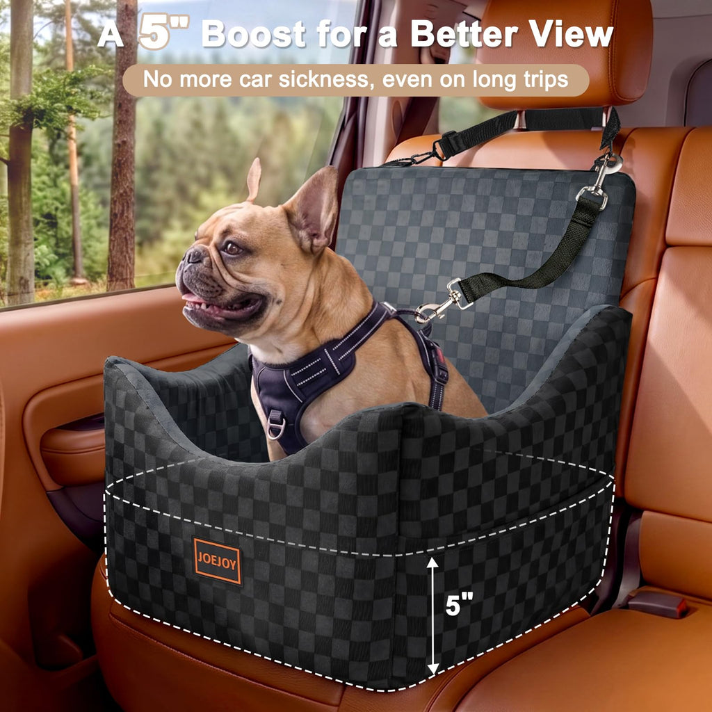 JOEJOY Elevated Dog Car Seat for Small/Medium Dogs up to 35 lbs, Memory Foam Booster Seat with Detachable Washable Cover, Travel-Safe Car Bed with Safety Belts & Storage Pockets, Grey