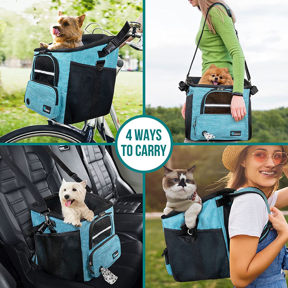 PetAmi Dog Bike Basket, Soft-Sided Ventilated Dog Bike Carrier Backpack, Pet Bicycle Basket for Bike Handlebar, Small Medium Puppy Cat Kitten Car Booster Seat with Safety Strap, Max 18 lbs, Purple
