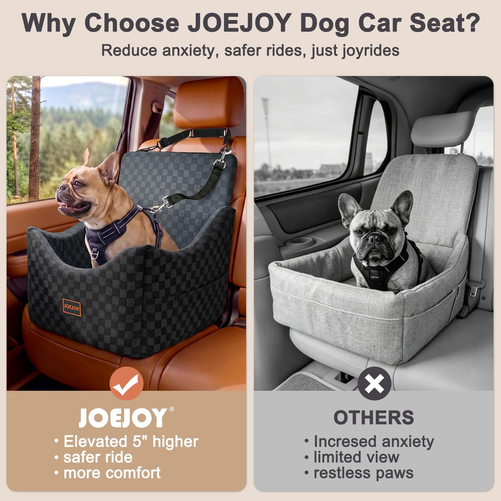 JOEJOY Elevated Dog Car Seat for Small/Medium Dogs up to 35 lbs, Memory Foam Booster Seat with Detachable Washable Cover, Travel-Safe Car Bed with Safety Belts & Storage Pockets, Grey