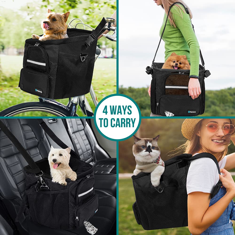 PetAmi Dog Bike Basket, Soft-Sided Ventilated Dog Bike Carrier Backpack, Pet Bicycle Basket for Bike Handlebar, Small Medium Puppy Cat Kitten Car Booster Seat with Safety Strap, Max 18 lbs, Purple