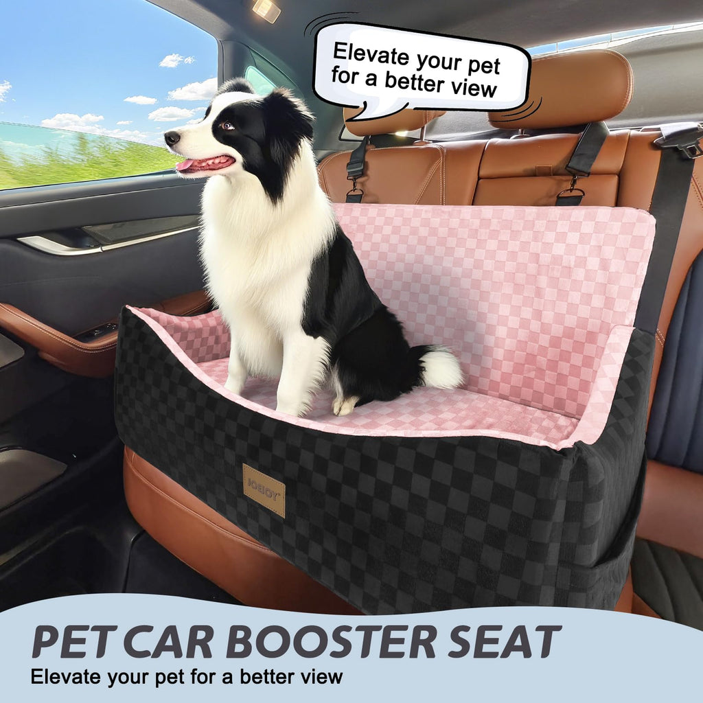 JOEJOY Elevated Dog Car Seat for Small/Medium Dogs up to 35 lbs, Memory Foam Booster Seat with Detachable Washable Cover, Travel-Safe Car Bed with Safety Belts & Storage Pockets, Grey
