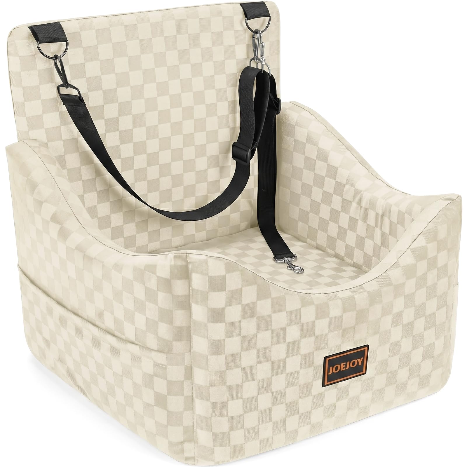 JOEJOY Elevated Dog Car Seat for Small/Medium Dogs up to 35 lbs, Memory Foam Booster Seat with Detachable Washable Cover, Travel-Safe Car Bed with Safety Belts & Storage Pockets, Grey