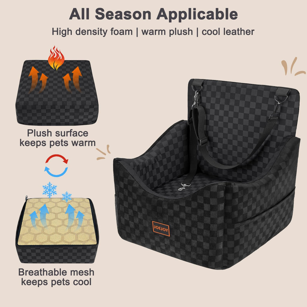 JOEJOY Elevated Dog Car Seat for Small/Medium Dogs up to 35 lbs, Memory Foam Booster Seat with Detachable Washable Cover, Travel-Safe Car Bed with Safety Belts & Storage Pockets, Grey