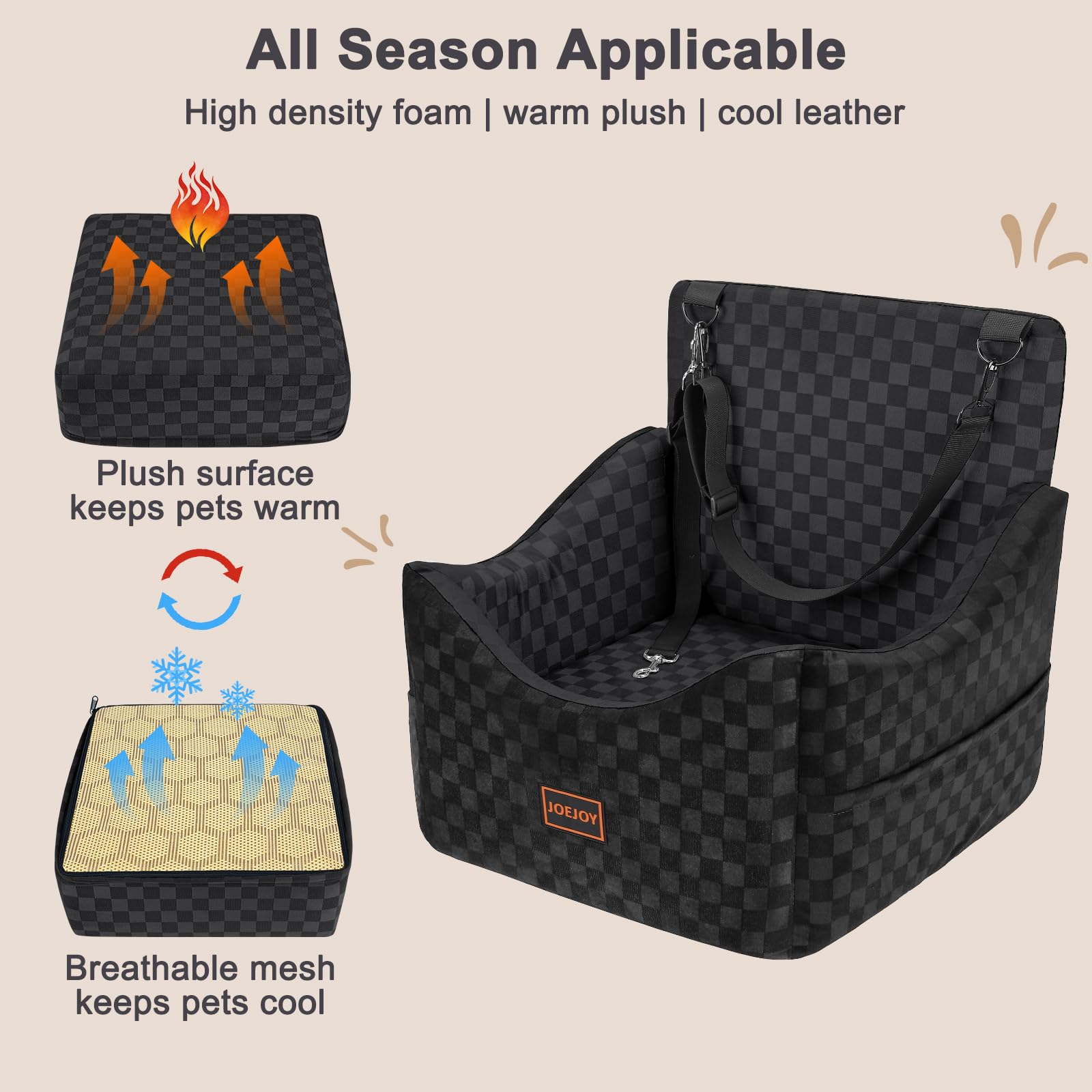JOEJOY Elevated Dog Car Seat for Small/Medium Dogs up to 35 lbs, Memory Foam Booster Seat with Detachable Washable Cover, Travel-Safe Car Bed with Safety Belts & Storage Pockets, Grey