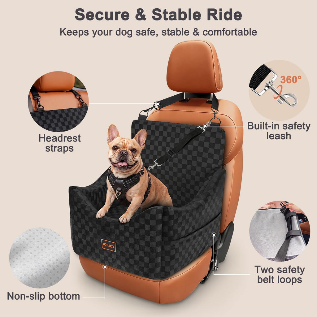 JOEJOY Elevated Dog Car Seat for Small/Medium Dogs up to 35 lbs, Memory Foam Booster Seat with Detachable Washable Cover, Travel-Safe Car Bed with Safety Belts & Storage Pockets, Grey