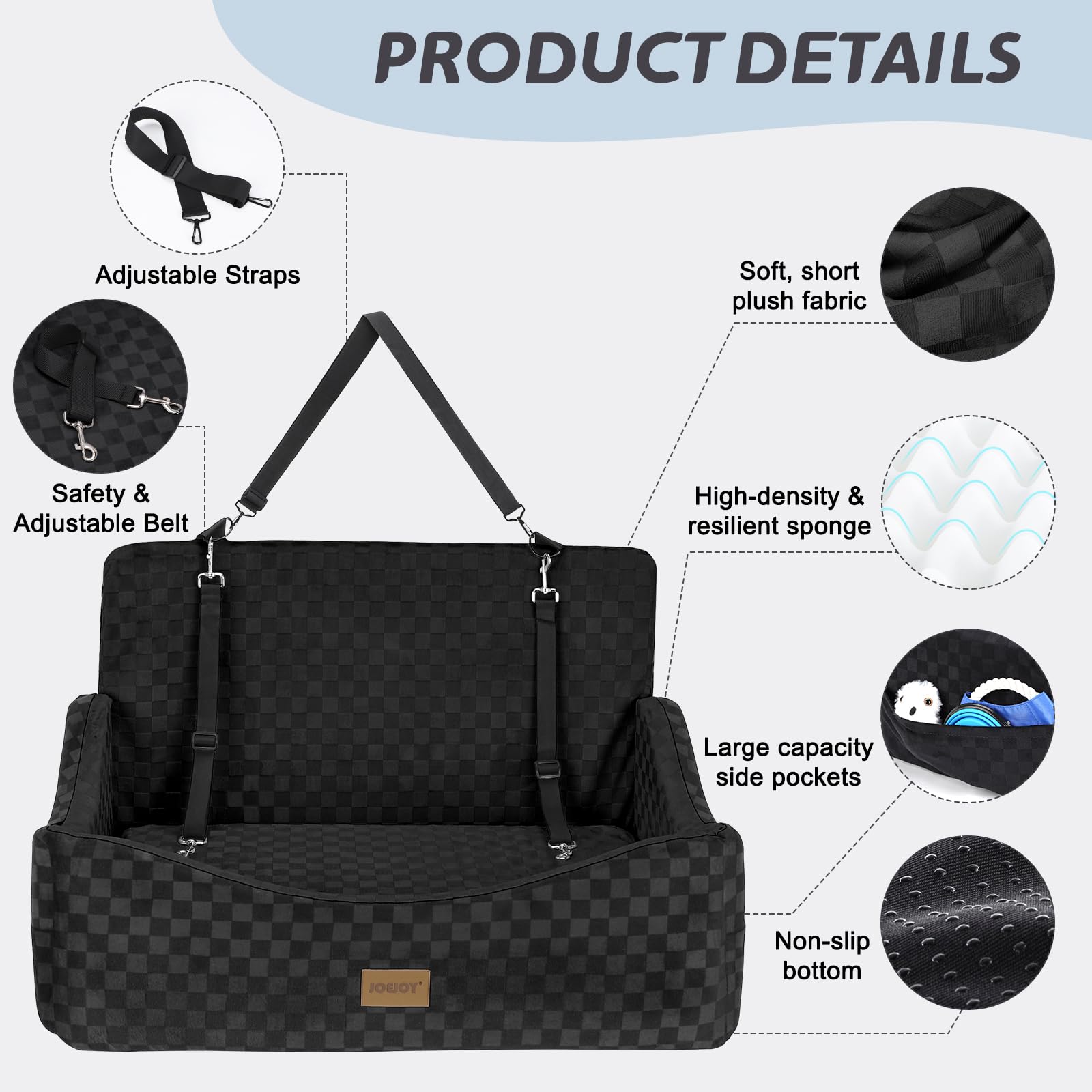 JOEJOY Elevated Dog Car Seat for Small/Medium Dogs up to 35 lbs, Memory Foam Booster Seat with Detachable Washable Cover, Travel-Safe Car Bed with Safety Belts & Storage Pockets, Grey