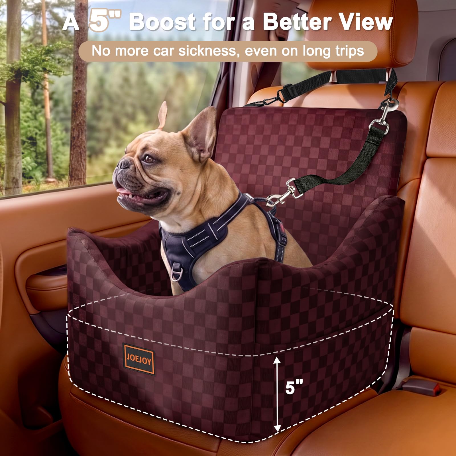 JOEJOY Elevated Dog Car Seat for Small/Medium Dogs up to 35 lbs, Memory Foam Booster Seat with Detachable Washable Cover, Travel-Safe Car Bed with Safety Belts & Storage Pockets, Grey
