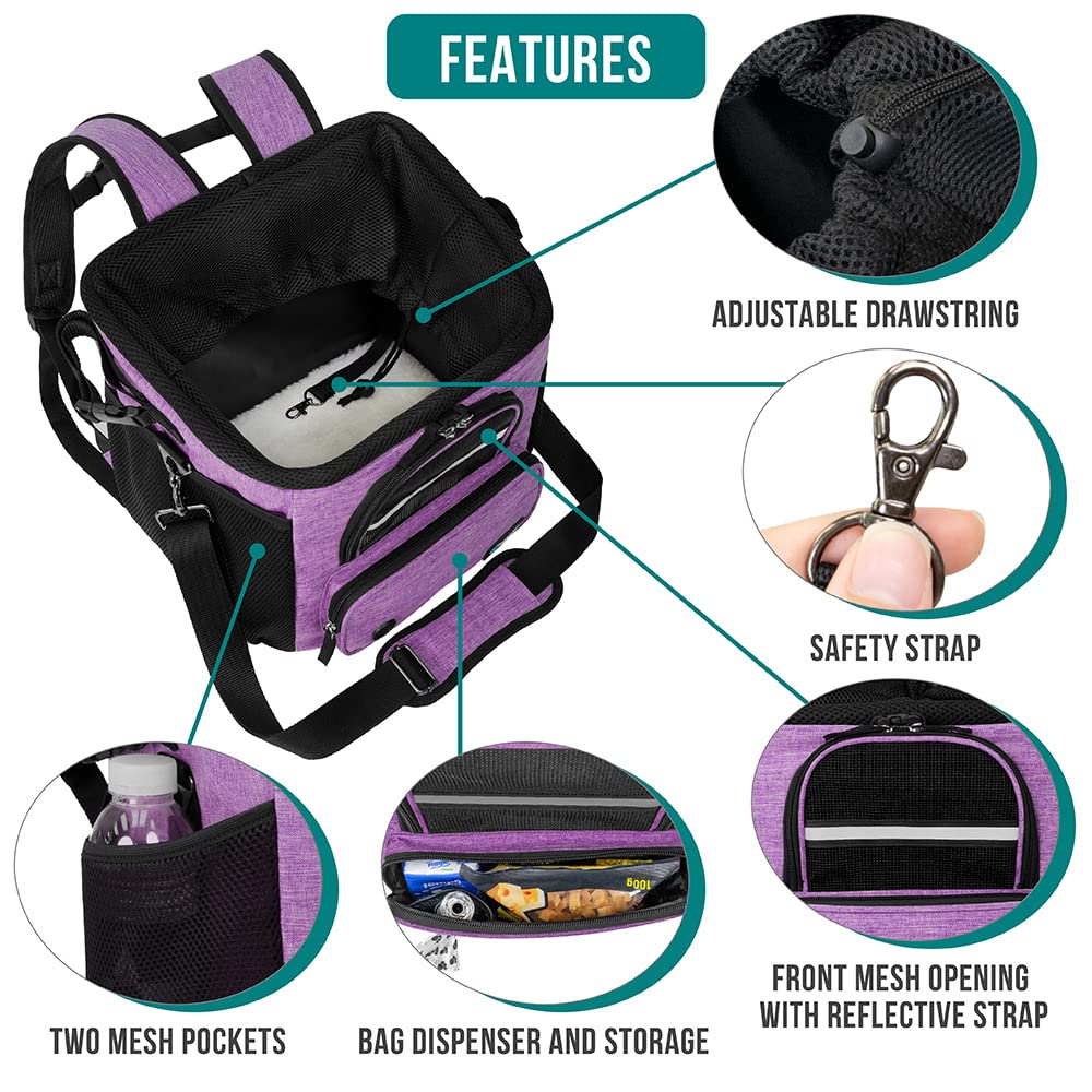 PetAmi Dog Bike Basket, Soft-Sided Ventilated Dog Bike Carrier Backpack, Pet Bicycle Basket for Bike Handlebar, Small Medium Puppy Cat Kitten Car Booster Seat with Safety Strap, Max 18 lbs, Purple