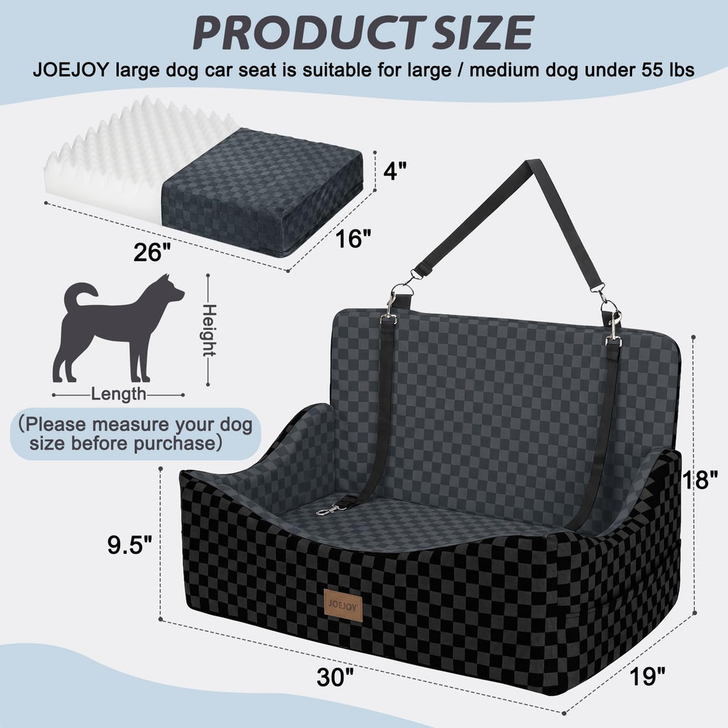 JOEJOY Elevated Dog Car Seat for Small/Medium Dogs up to 35 lbs, Memory Foam Booster Seat with Detachable Washable Cover, Travel-Safe Car Bed with Safety Belts & Storage Pockets, Grey