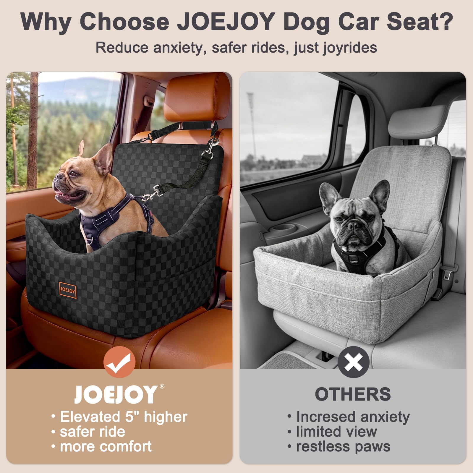 JOEJOY Elevated Dog Car Seat for Small/Medium Dogs up to 35 lbs, Memory Foam Booster Seat with Detachable Washable Cover, Travel-Safe Car Bed with Safety Belts & Storage Pockets, Grey