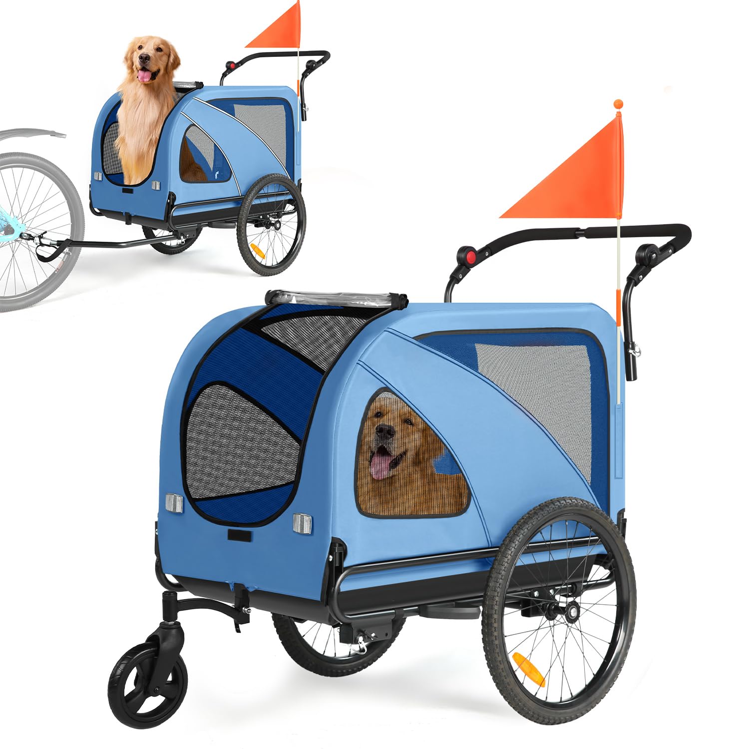 Sepnine Dog Bike Trailer, Supports up to 110 lbs, 2-in-1 Pet Stroller Cart Bicycle Carrier, Easy Folding Cart Frame with Quick Release Wheels, Universal Bicycle Coupler, Non-Slip Floor, Internal Leash