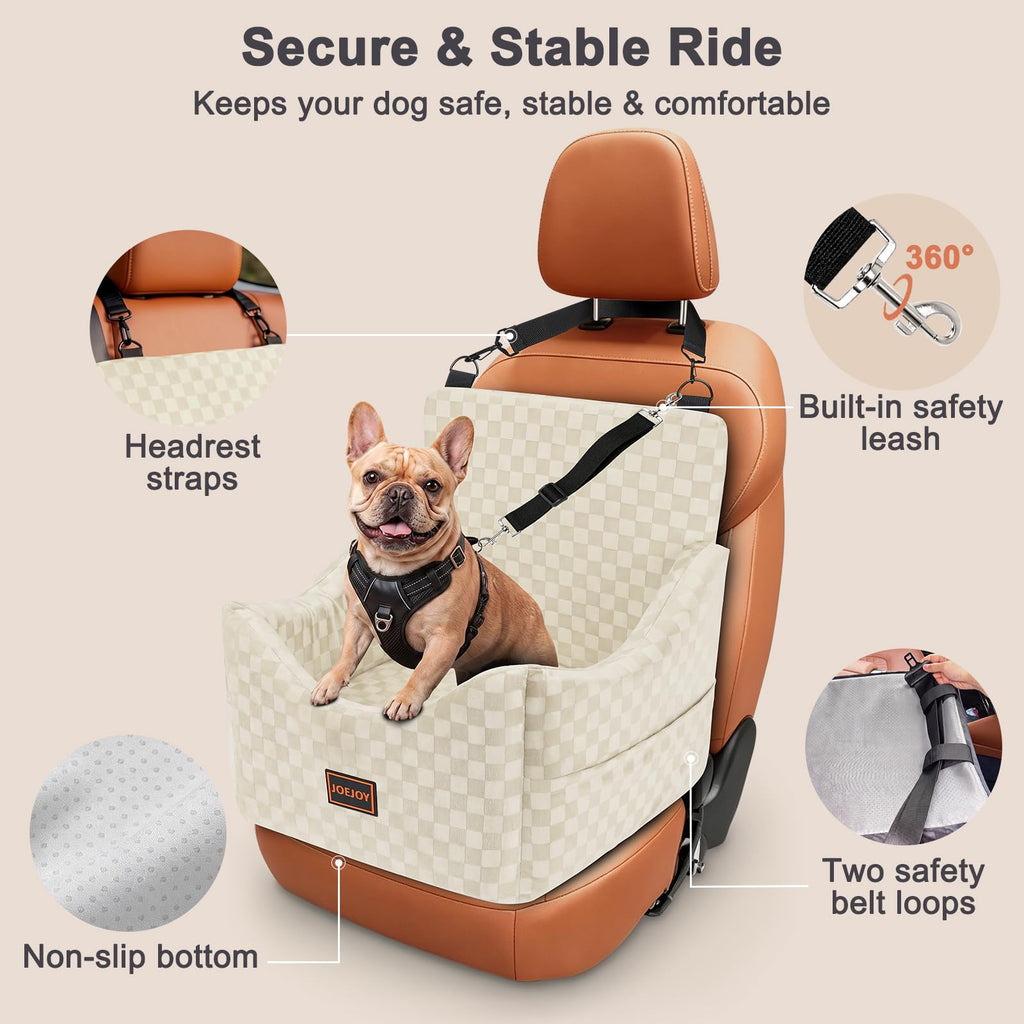 JOEJOY Elevated Dog Car Seat for Small/Medium Dogs up to 35 lbs, Memory Foam Booster Seat with Detachable Washable Cover, Travel-Safe Car Bed with Safety Belts & Storage Pockets, Grey