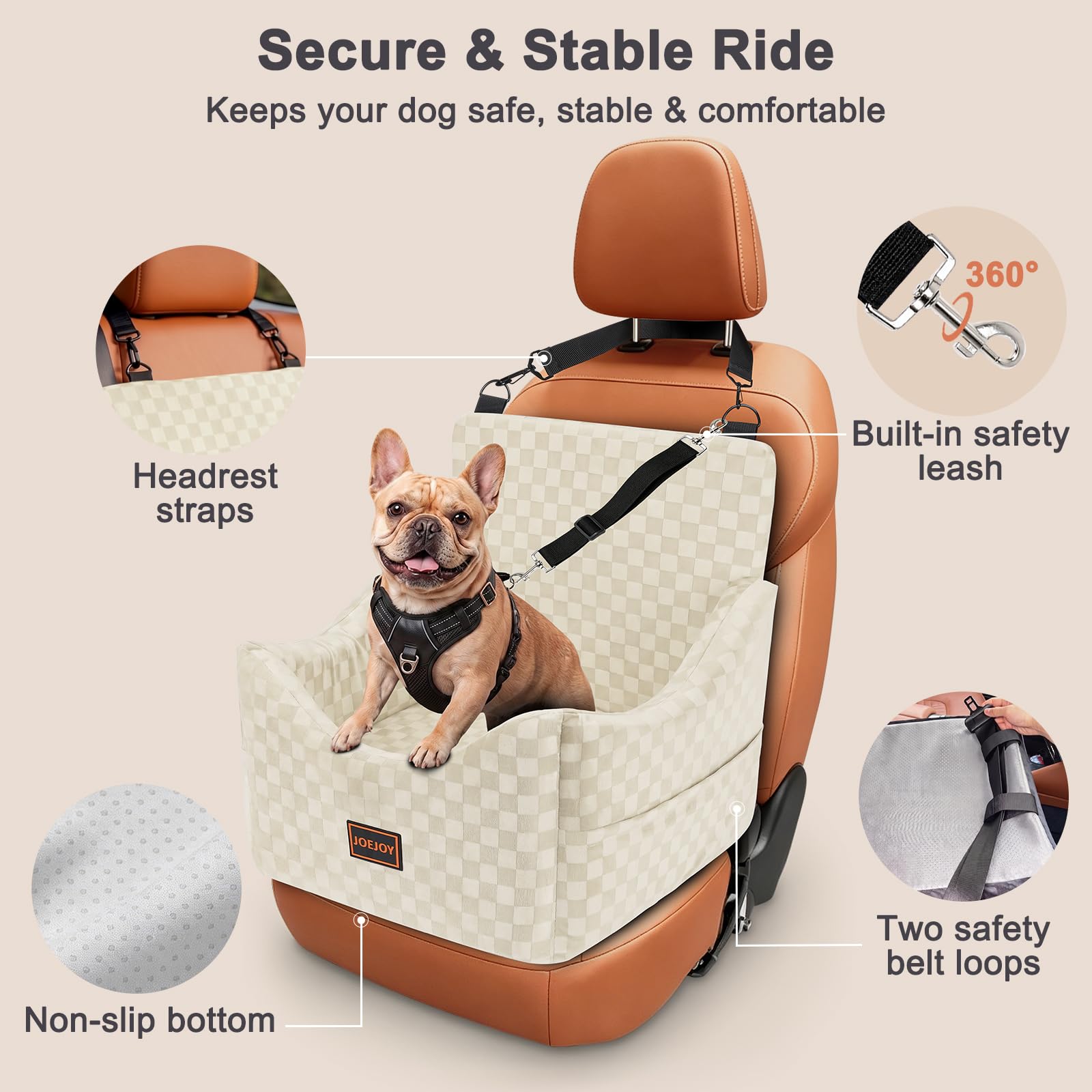 JOEJOY Elevated Dog Car Seat for Small/Medium Dogs up to 35 lbs, Memory Foam Booster Seat with Detachable Washable Cover, Travel-Safe Car Bed with Safety Belts & Storage Pockets, Grey