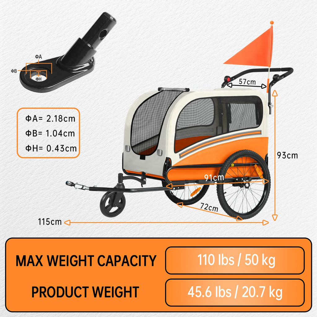 Sepnine Dog Bike Trailer, Supports up to 110 lbs, 2-in-1 Pet Stroller Cart Bicycle Carrier, Easy Folding Cart Frame with Quick Release Wheels, Universal Bicycle Coupler, Non-Slip Floor, Internal Leash