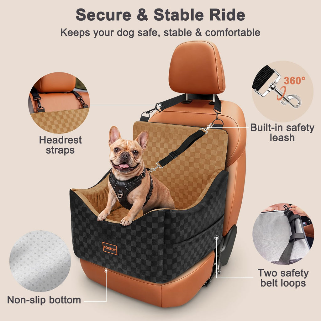 JOEJOY Elevated Dog Car Seat for Small/Medium Dogs up to 35 lbs, Memory Foam Booster Seat with Detachable Washable Cover, Travel-Safe Car Bed with Safety Belts & Storage Pockets, Grey