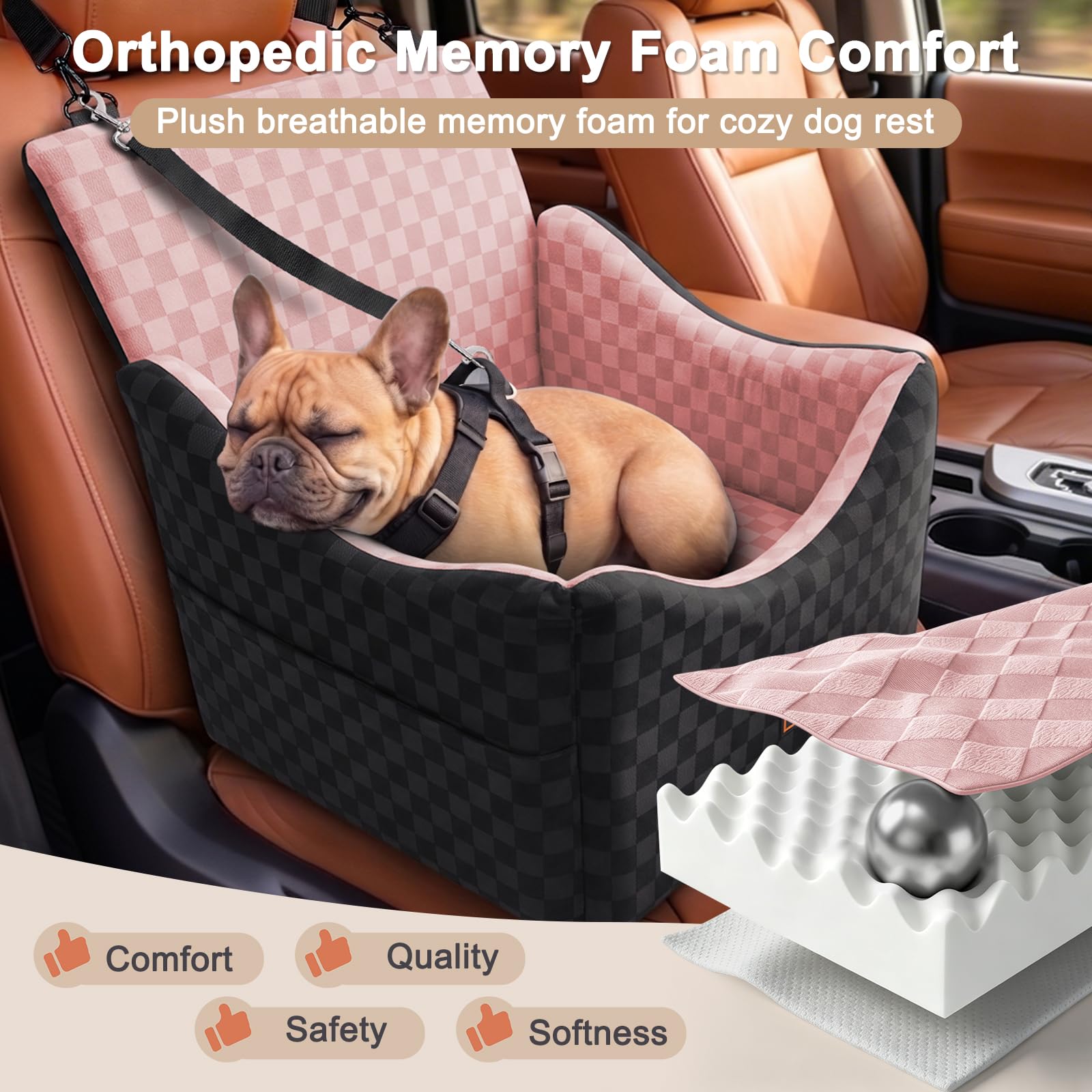 JOEJOY Elevated Dog Car Seat for Small/Medium Dogs up to 35 lbs, Memory Foam Booster Seat with Detachable Washable Cover, Travel-Safe Car Bed with Safety Belts & Storage Pockets, Grey