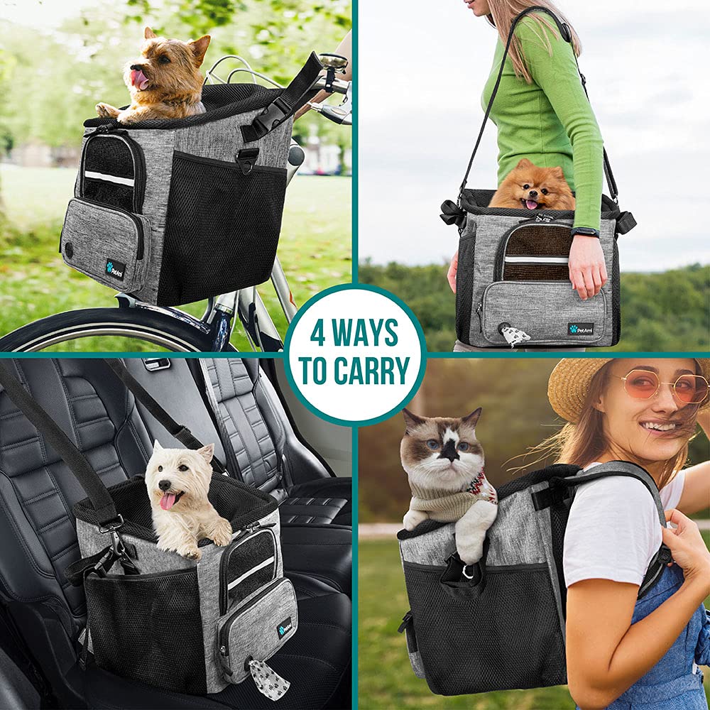 PetAmi Dog Bike Basket, Soft-Sided Ventilated Dog Bike Carrier Backpack, Pet Bicycle Basket for Bike Handlebar, Small Medium Puppy Cat Kitten Car Booster Seat with Safety Strap, Max 18 lbs, Purple