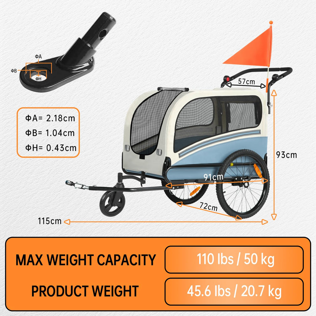 Sepnine Dog Bike Trailer, Supports up to 110 lbs, 2-in-1 Pet Stroller Cart Bicycle Carrier, Easy Folding Cart Frame with Quick Release Wheels, Universal Bicycle Coupler, Non-Slip Floor, Internal Leash